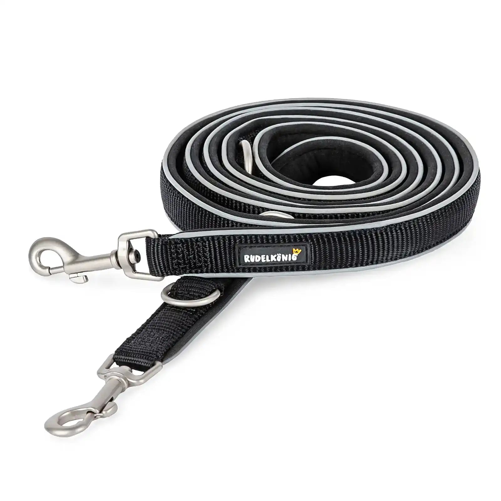 Rudelkönig Hundeleine in schwarz mit Neoprenfütterung und reflektierenden Nähten für mehr Sichtbarkeit.