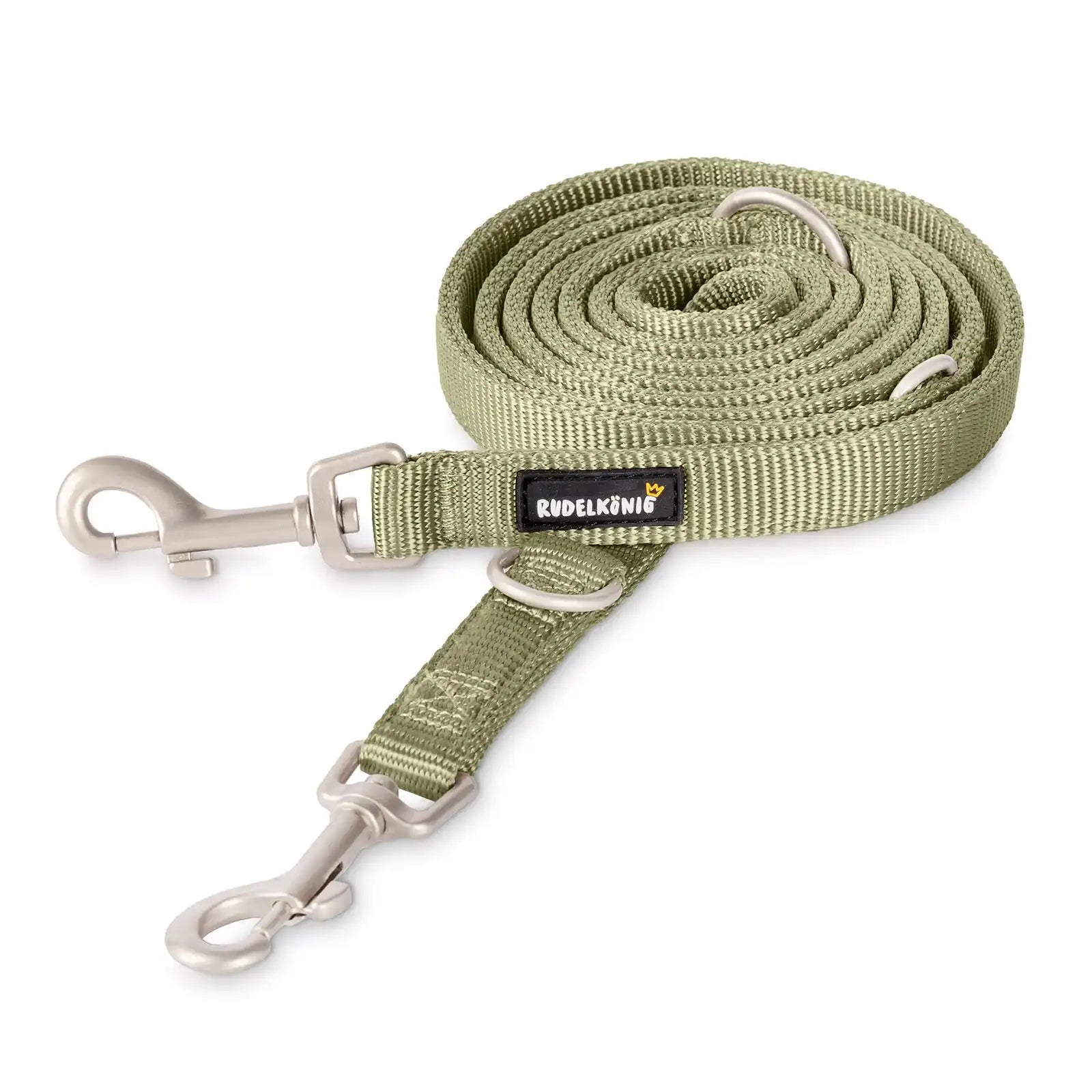 Rudelkönig Hundeleine Frida in khaki mehrfach längenverstellbar für entspannte Gassi Runden.