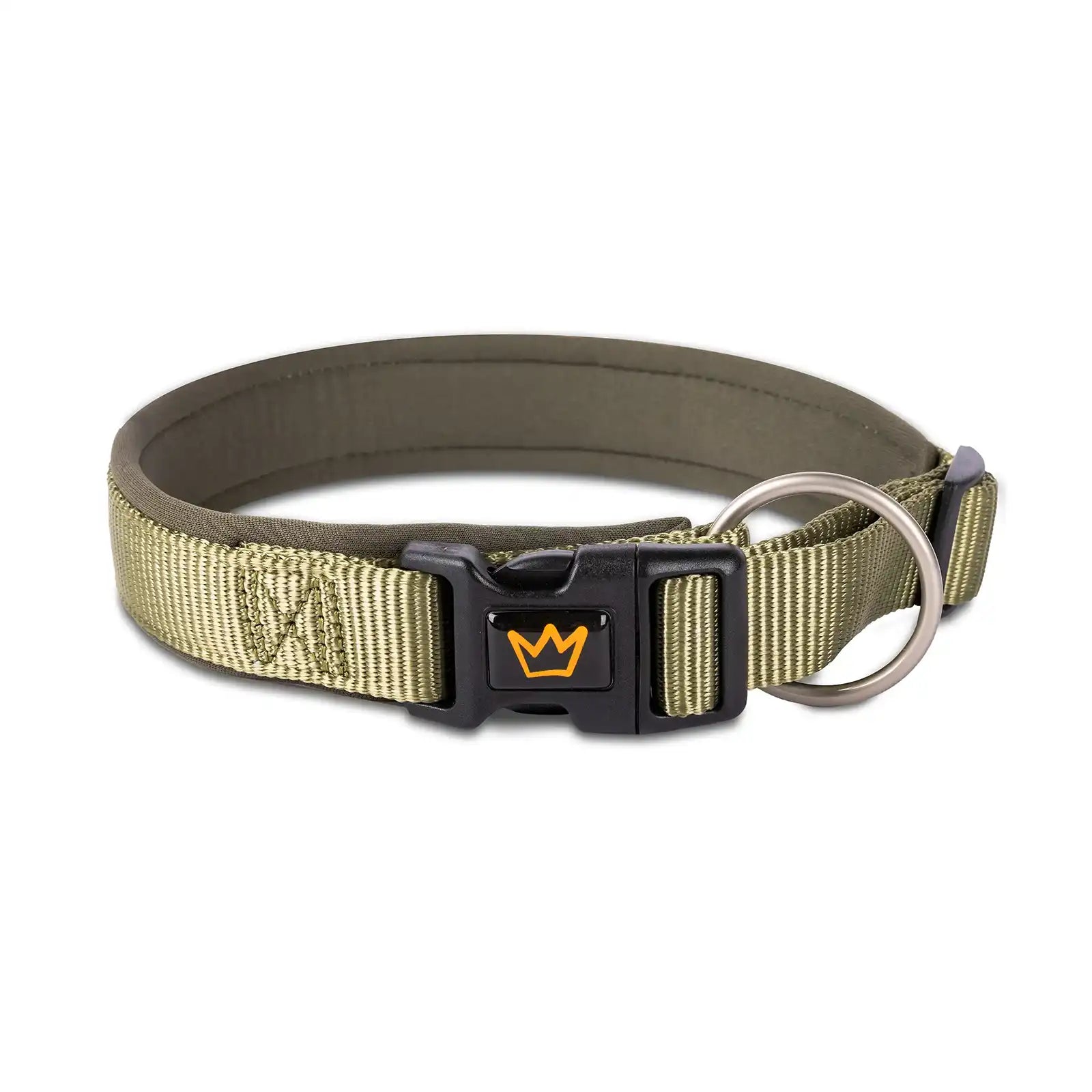 Rudelkönig Hundehalsband in khaki mit Neoprenfütterung und mehrfach verstellbar.