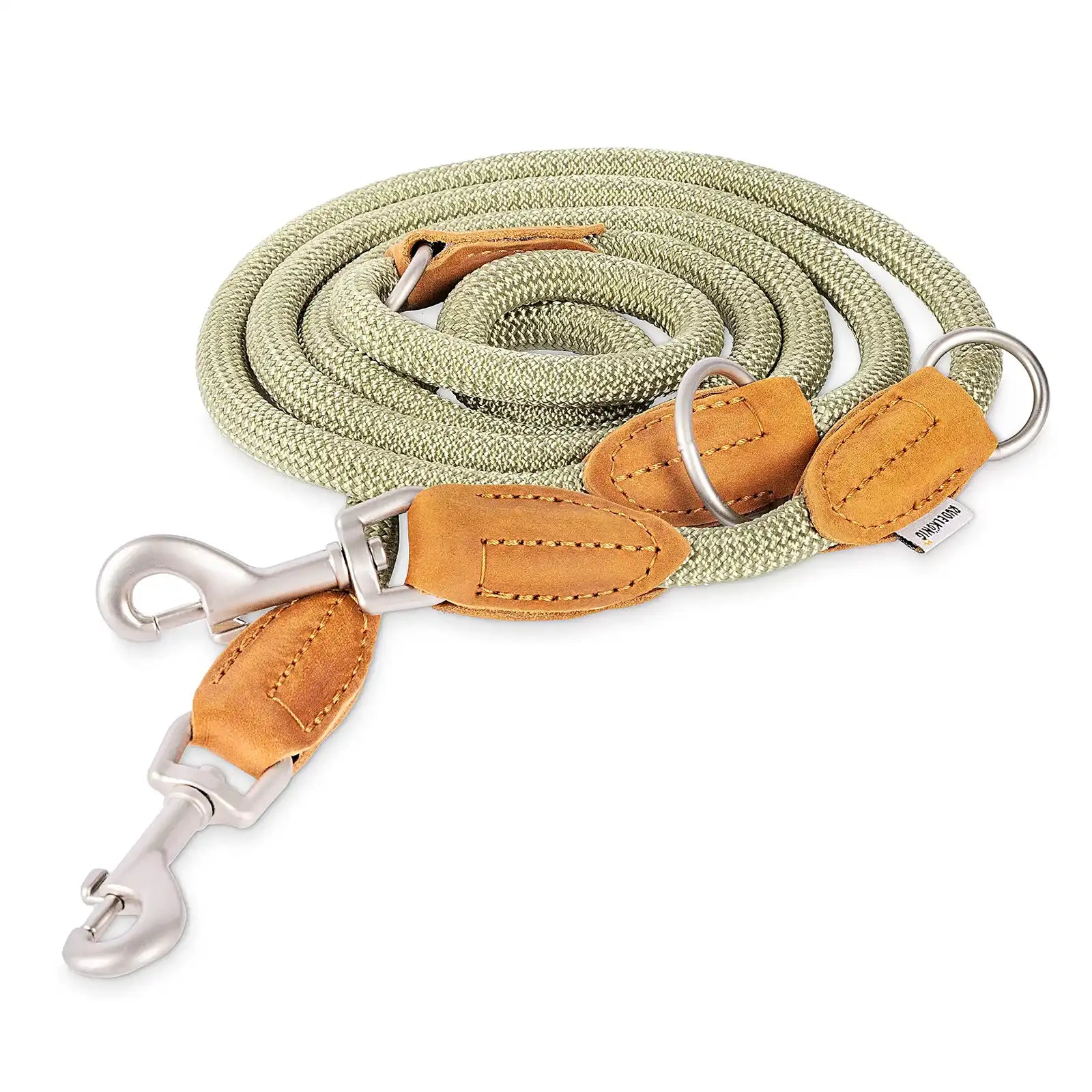 Rudelkönig Führleine Emma in khaki lässt sich mehrfach längenverstellen und hat Leder-Patches.