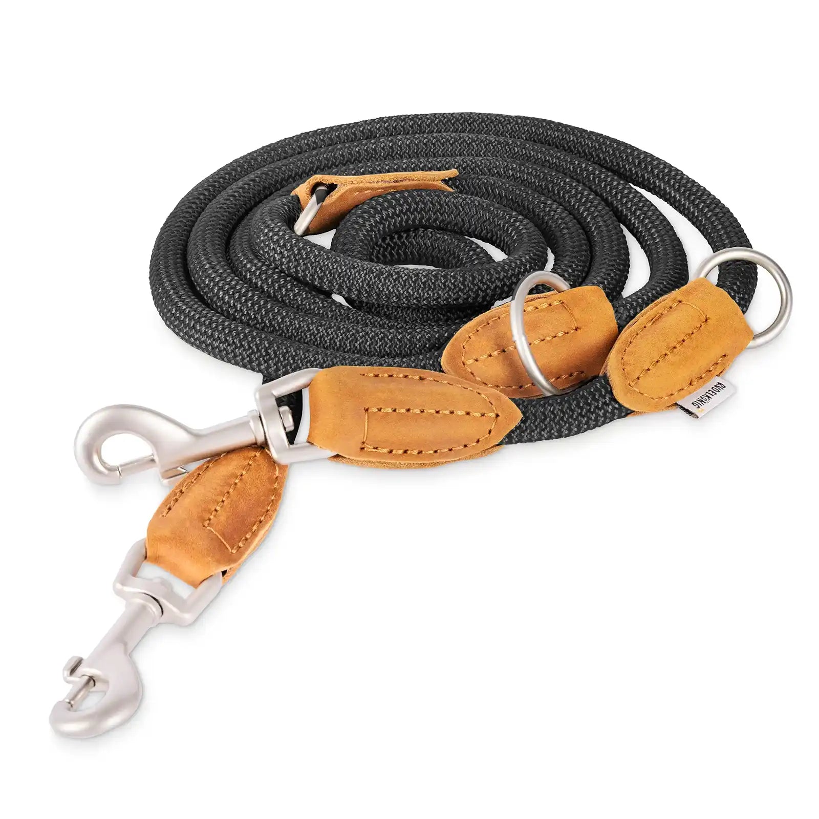 Rudelkönig Führleine Emma in schwarz lässt sich mehrfach längenverstellen und hat Leder-Patches.