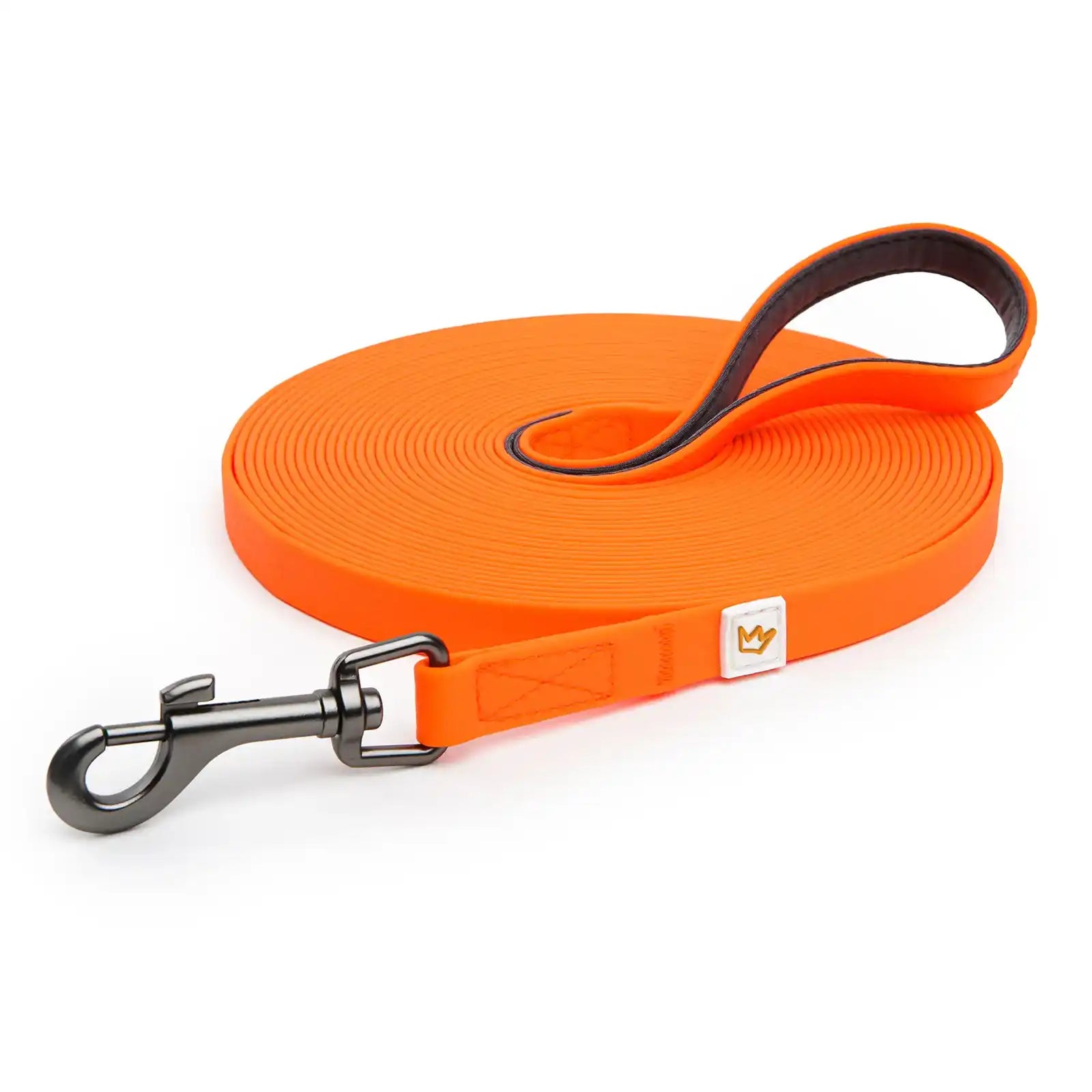 Rudelkönig Schleppleine in 10m aus PVC in orange mit gepolstertem Neoprengriff.