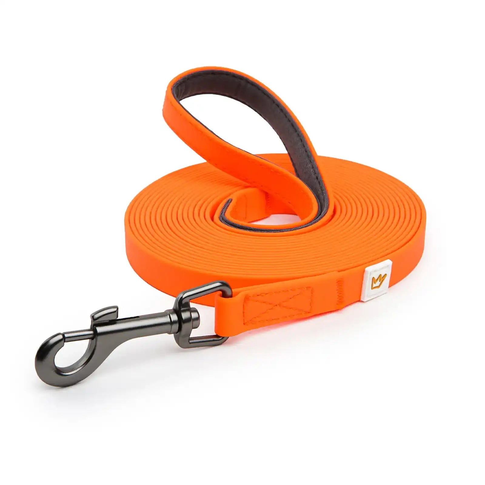 Rudelkönig Schleppleine in 5m aus PVC in orange mit gepolstertem Neoprengriff.