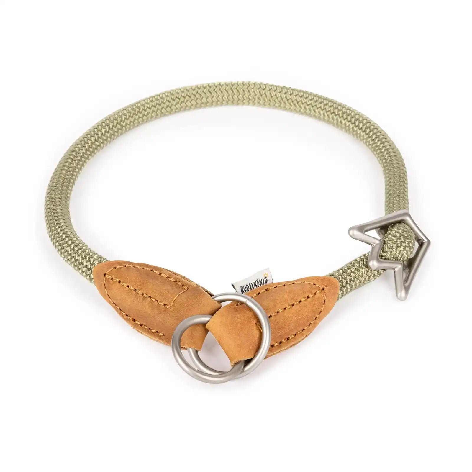 Rudelkönig Zugstopp Halsband in khaki mit Leder-Patches.