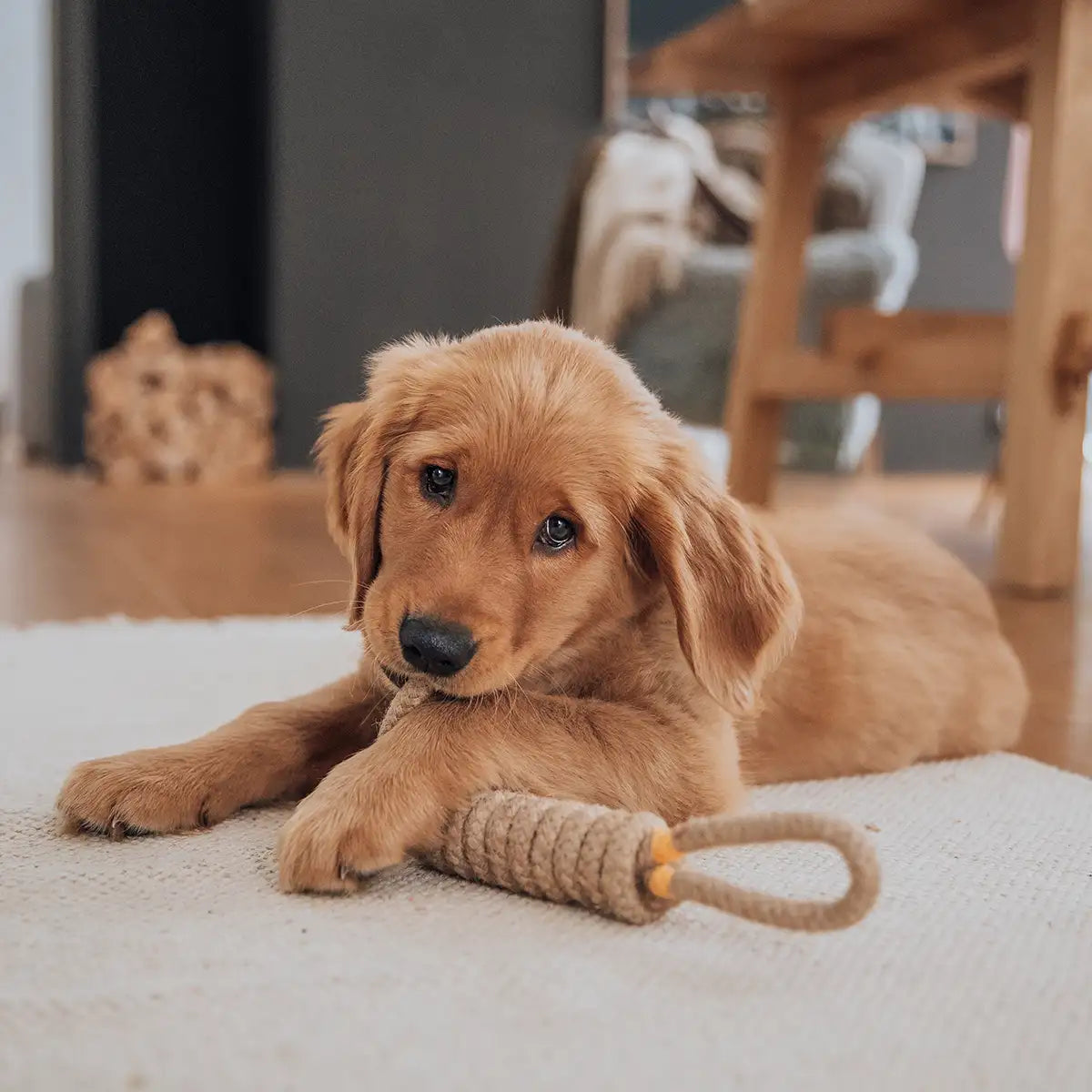 Hund liegt mit Rudelkönig Seilspielzeug auf dem Wohnzimmerboden und kaut auf diesem herum.