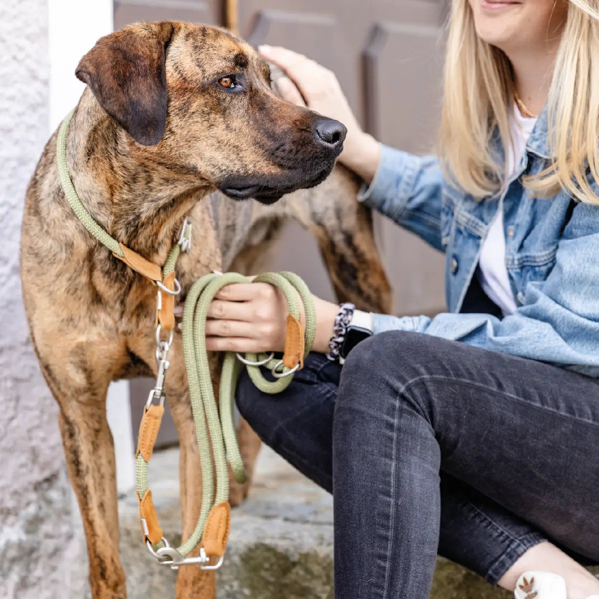 Frauchen steht mit ihrem Hund und dem Rudelkönig Gassi Set Emma in khaki in der Stadt