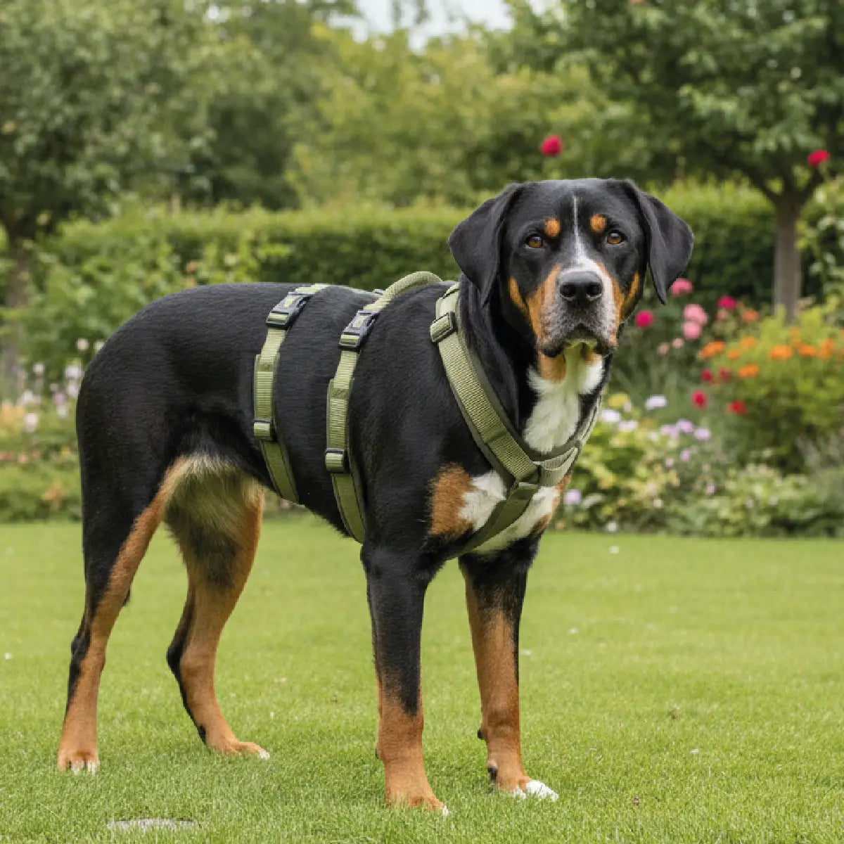 Großer schwarzbrauner Hund steht auf einer Wiese und trägt ein olivgrünes Sicherheitsgeschirr von Rudelkönig vor einem blühenden Garten.