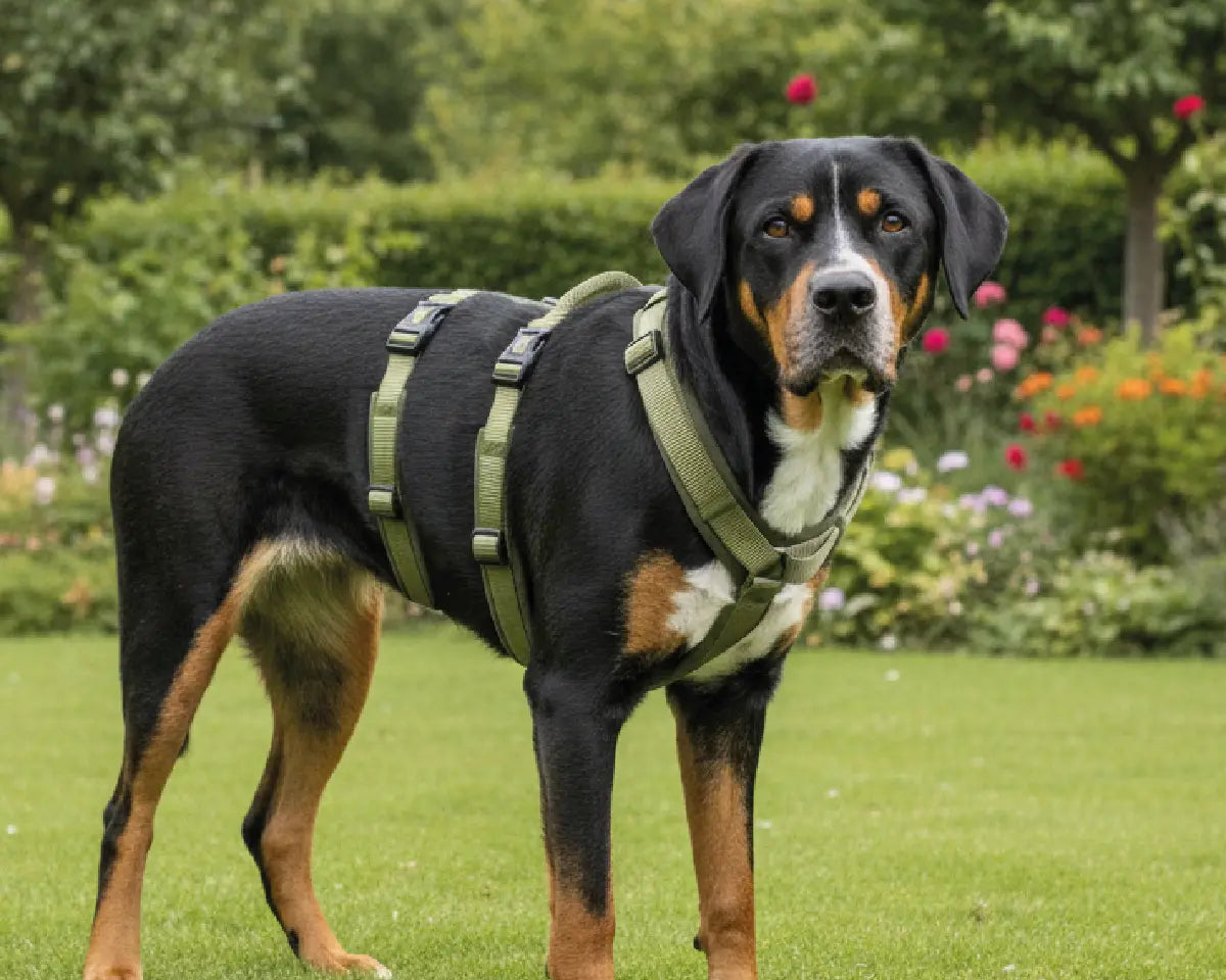 Großer schwarzbrauner Hund steht auf einer Wiese und trägt ein olivgrünes Sicherheitsgeschirr von Rudelkönig vor einem blühenden Garten.