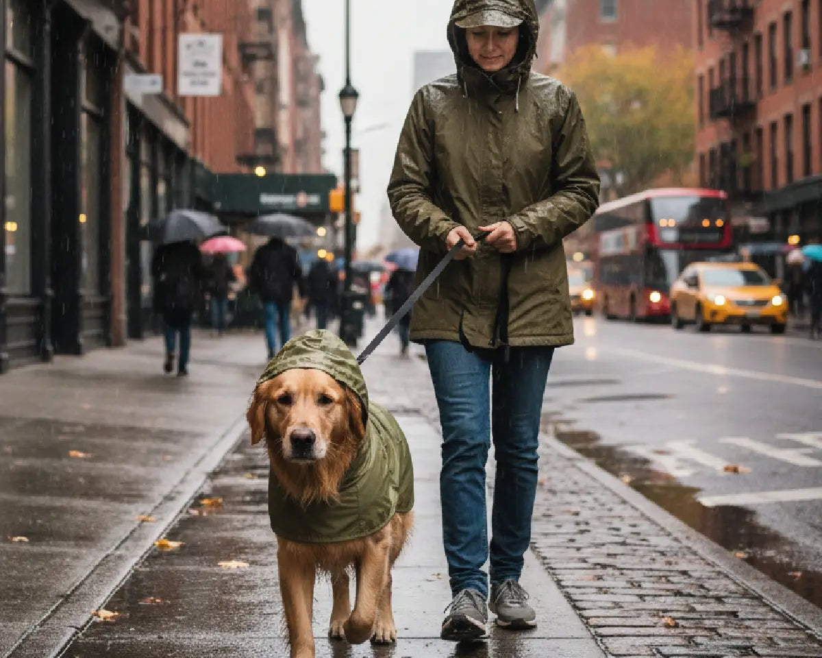 Hundehalterin geht bei Regen durch eine Stadtstraße, ihr Hund trägt einen grünen Regenmantel und ist an der Leine geführt.