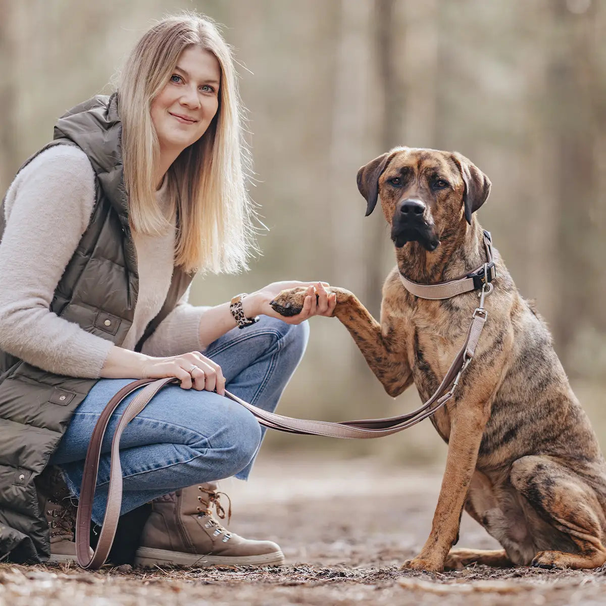 Hund gibt seiner Besitzerin die Pfote, während er an der Leine in der Natur sitzt – harmonisches Training und Bindung stärken.