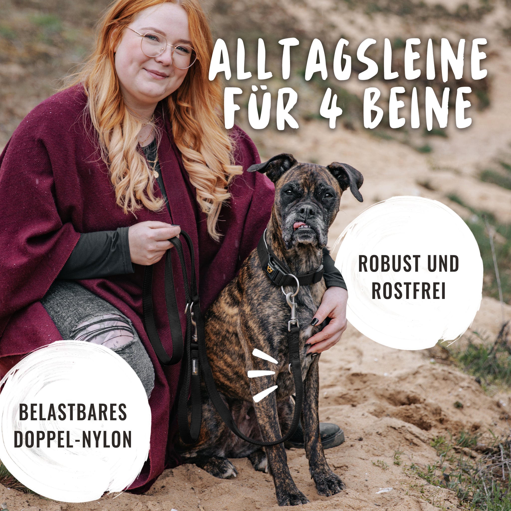 Die Alltagsleine in Khakigrün und Schwarz macht Hund und Halter glücklich.