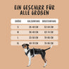 Das Hundegeschirr kommt in verschiedenen Größen. In der Tabelle kann man nach Größe, Halsumfang und Brustumfang suchen.