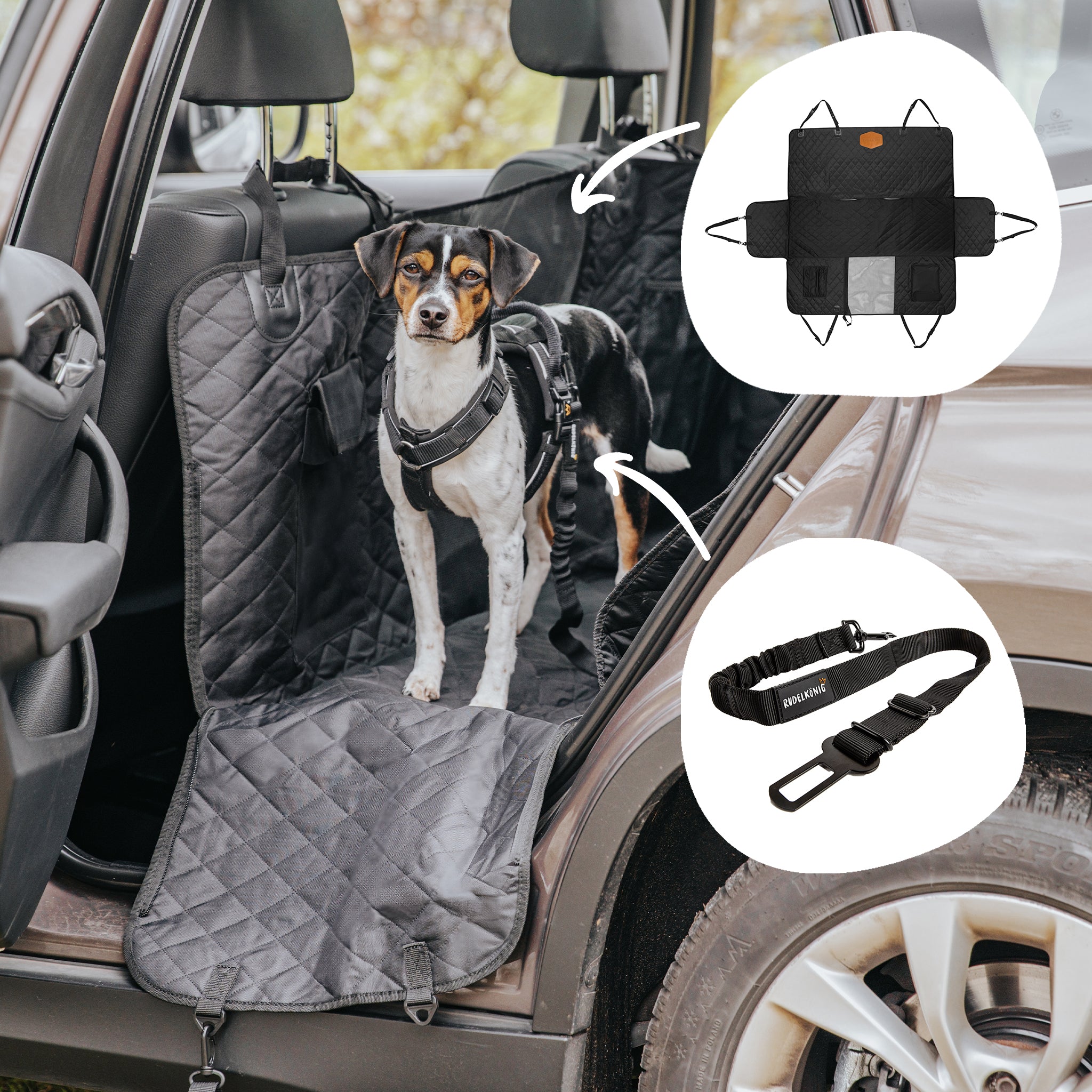 Das Reise-Set für Hunde mit 10 % Rabatt bietet einen praktischen Rücksitzschutz und Sicherheitsgurt für den Hund im Auto.