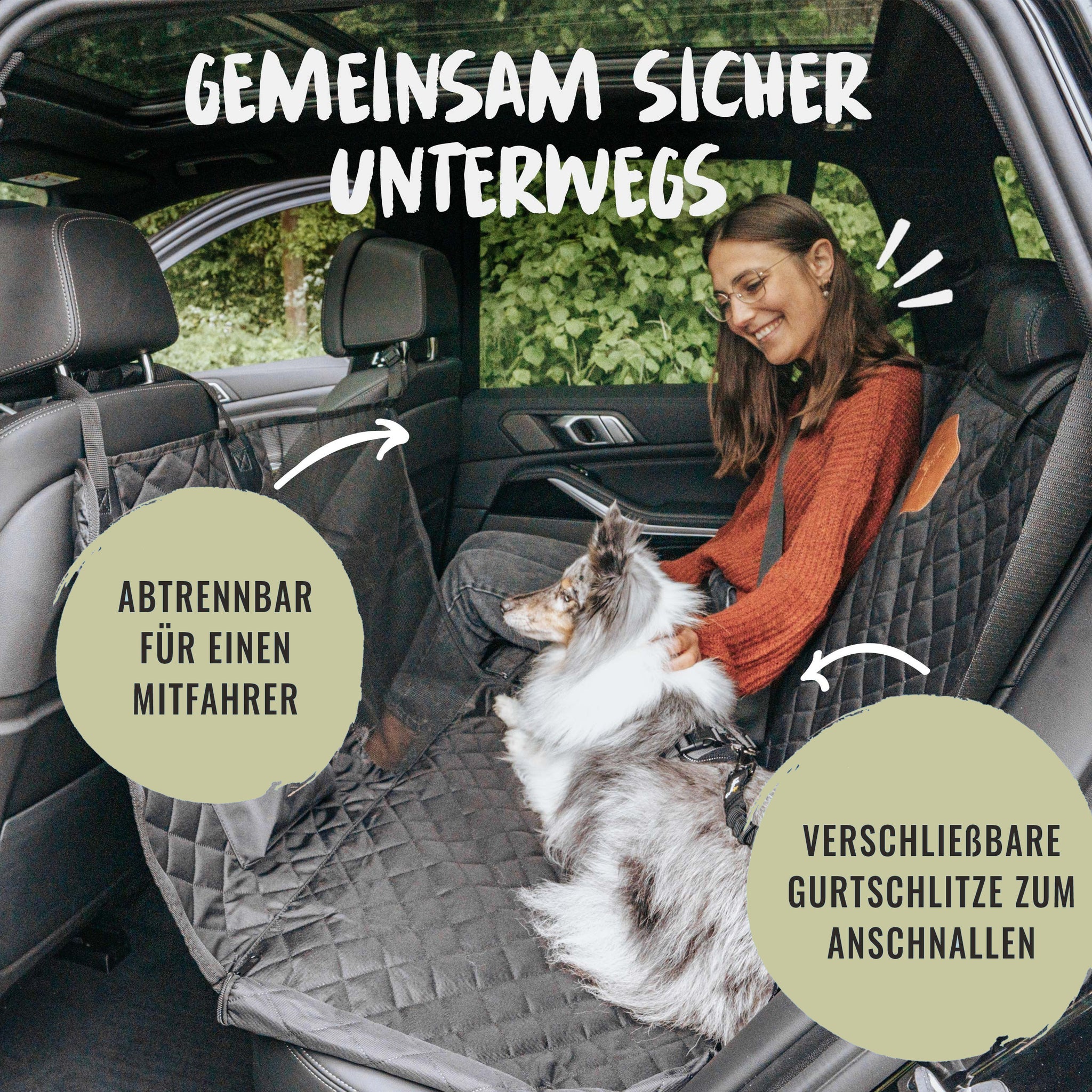 Das Paket-Angebot für Hunde im Auto bietet einen praktischen Rücksitzschutz und Sicherheitsgurt, der den gezeigten Hund mit Herrchen und Frauchen sicher mitfahren lässt.