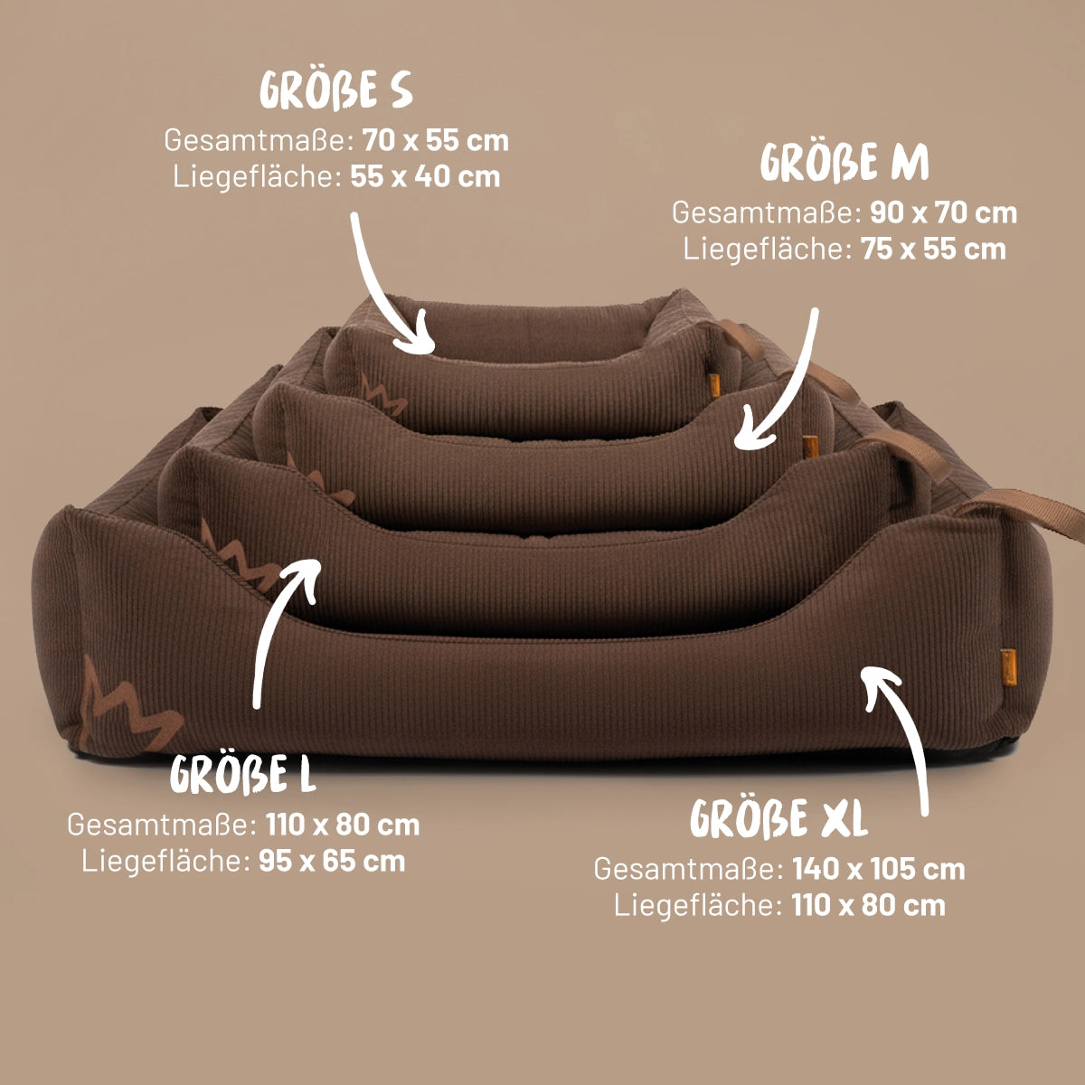 Zu groß, zu klein - nichts ist unangenehmer als ein Hundebett, das nicht passt. Damit sich dein Hund wirklich wohlfühlt, gibt’s das Koye in vier Größen - für kleine Fellnasen bis große Hunde. Unsere Größentabelle auf dieser Seite hilft dir, schnell die richtige Wahl zu treffen.
