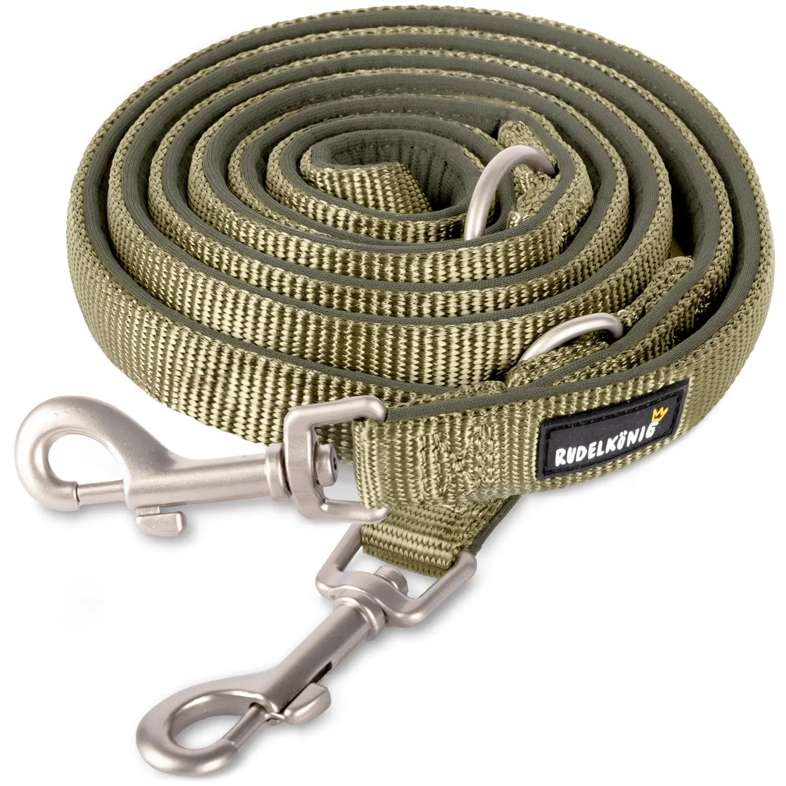 Rudelkönig Hundeleine Bella in khaki mehrfach längenverstellbar mit Neoprenfütterung für entspannte Gassi Runden.