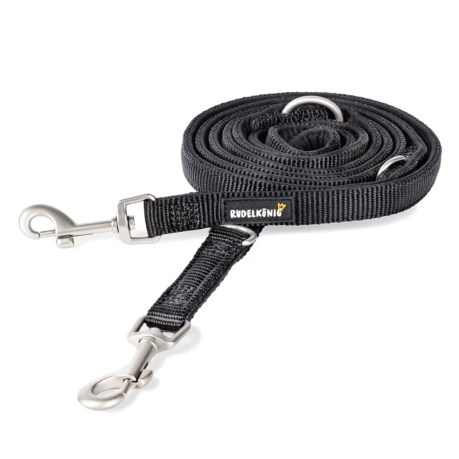 Rudelkönig Hundeleine Bella in schwarz 15mm mehrfach längenverstellbar mit Neoprenfütterung für entspannte Gassi Runden.