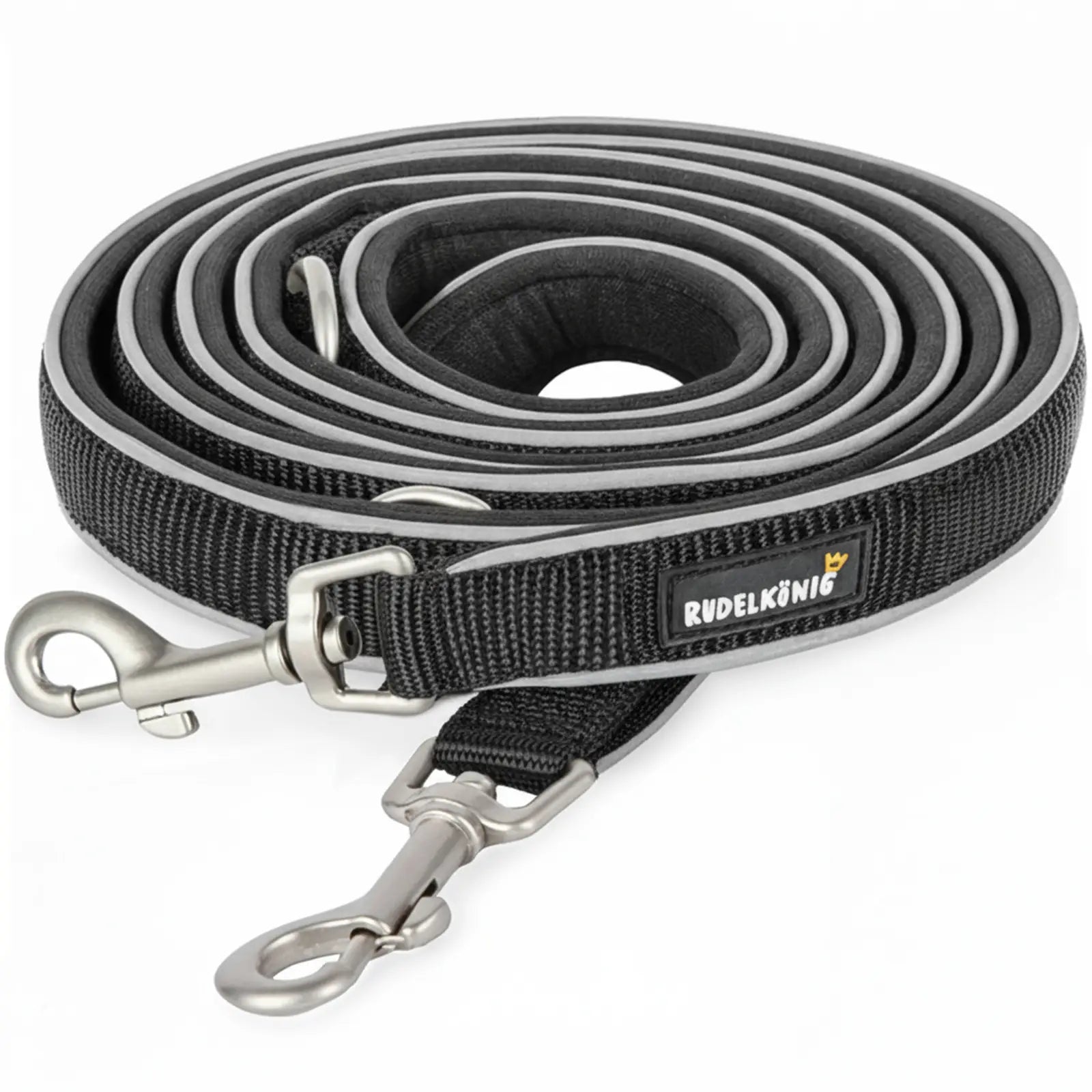 Rudelkönig Hundeleine Paola in schwarz mit Neoprenfütterung und reflektierenden Nähten für mehr Sichtbarkeit.