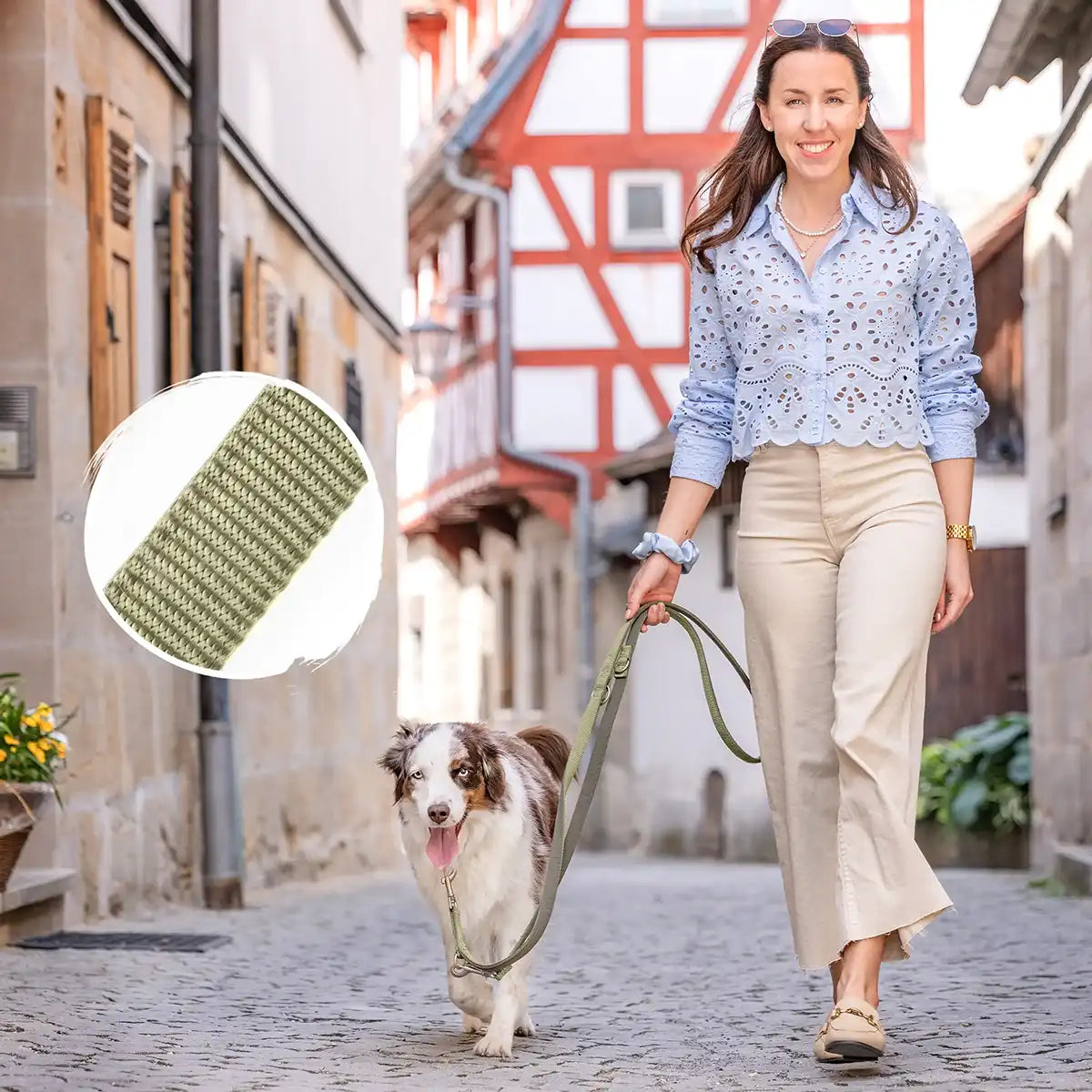 Funktional oder schön? Warum nicht beides? Unsere Hundeleine Bella (2cm breit und 230cm lang) kombiniert robustes Nylon Material mit stilvollem Design – alltagstauglich und ein echter Hingucker.
