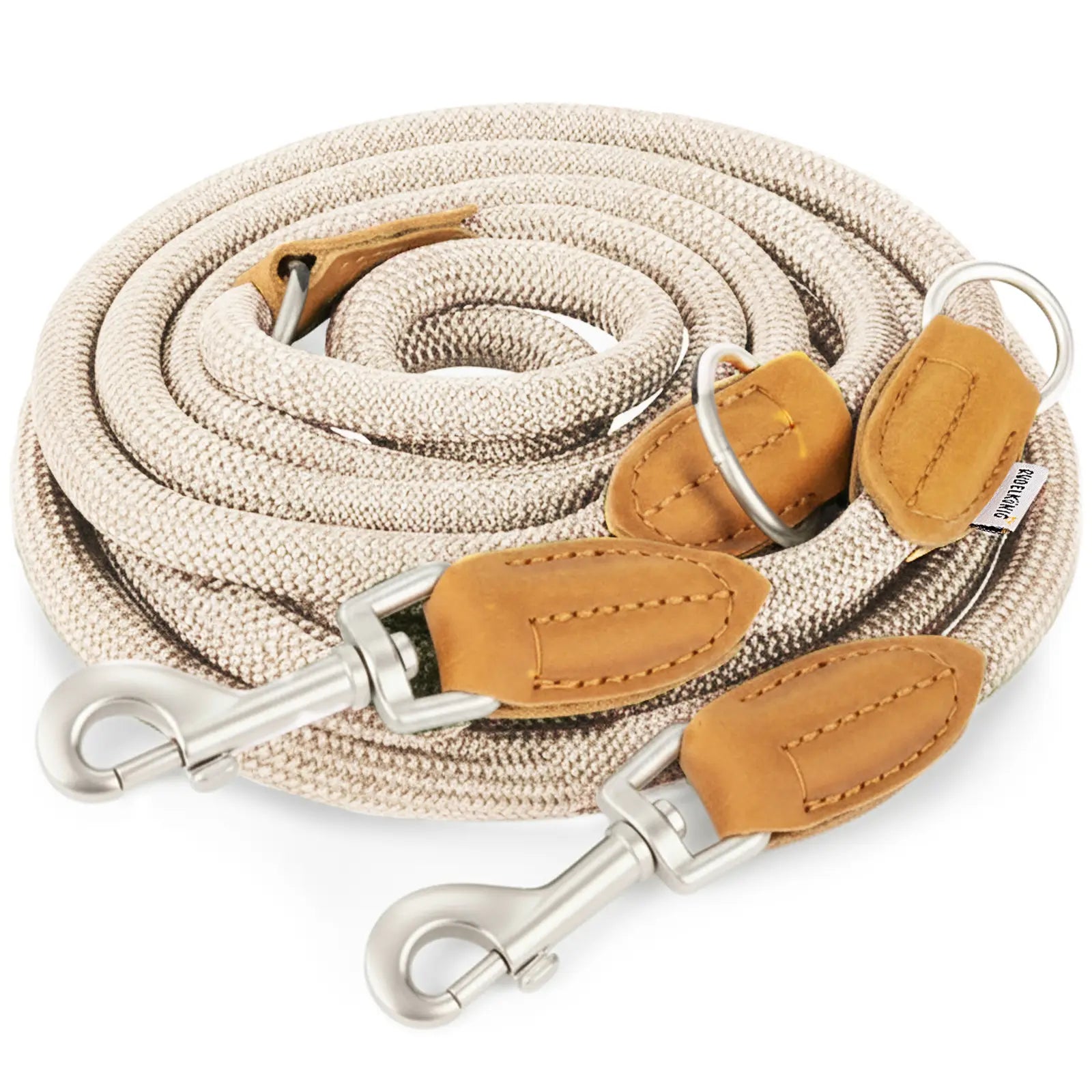 Rudelkönig Führleine Emma in creme lässt sich mehrfach längenverstellen und hat Leder-Patches.