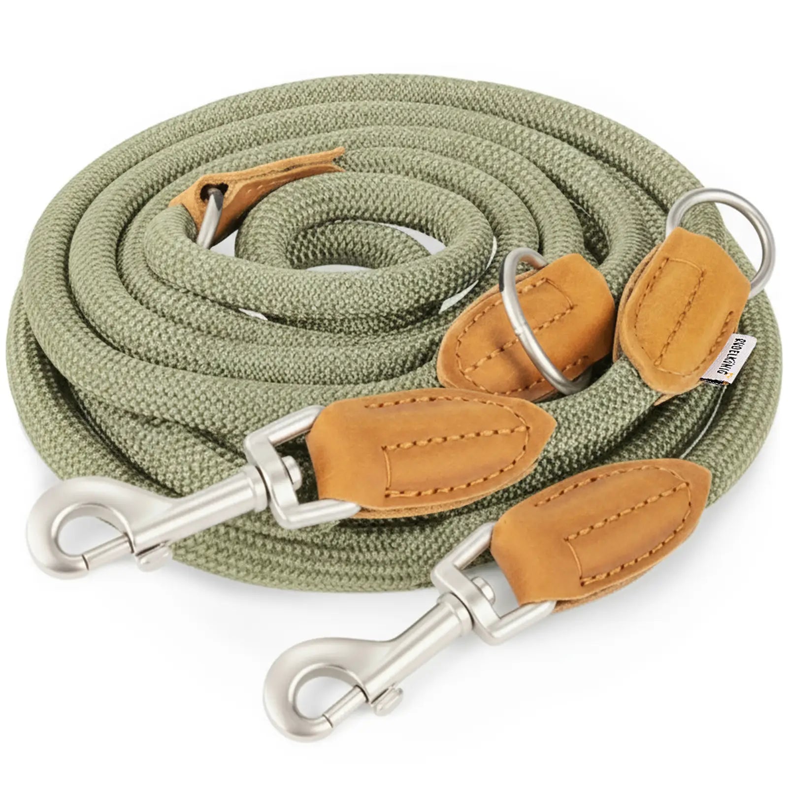 Rudelkönig Führleine Emma in khaki lässt sich mehrfach längenverstellen und hat Leder-Patches.