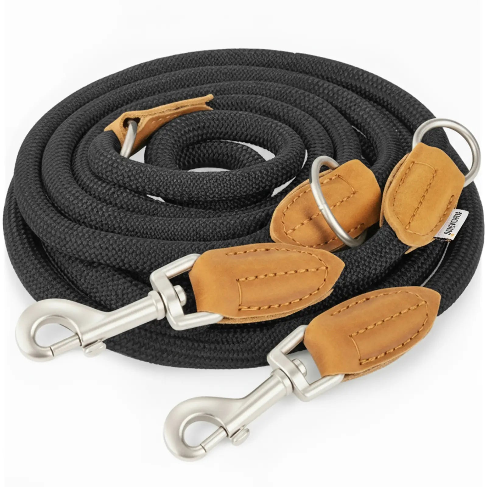 Rudelkönig Führleine Emma in schwarz lässt sich mehrfach längenverstellen und hat Leder-Patches.