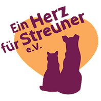 Ein Herz für Streuner e.V.: Logo mit zwei violetten Tiersilhouetten vor einem orangefarbenen Herz
