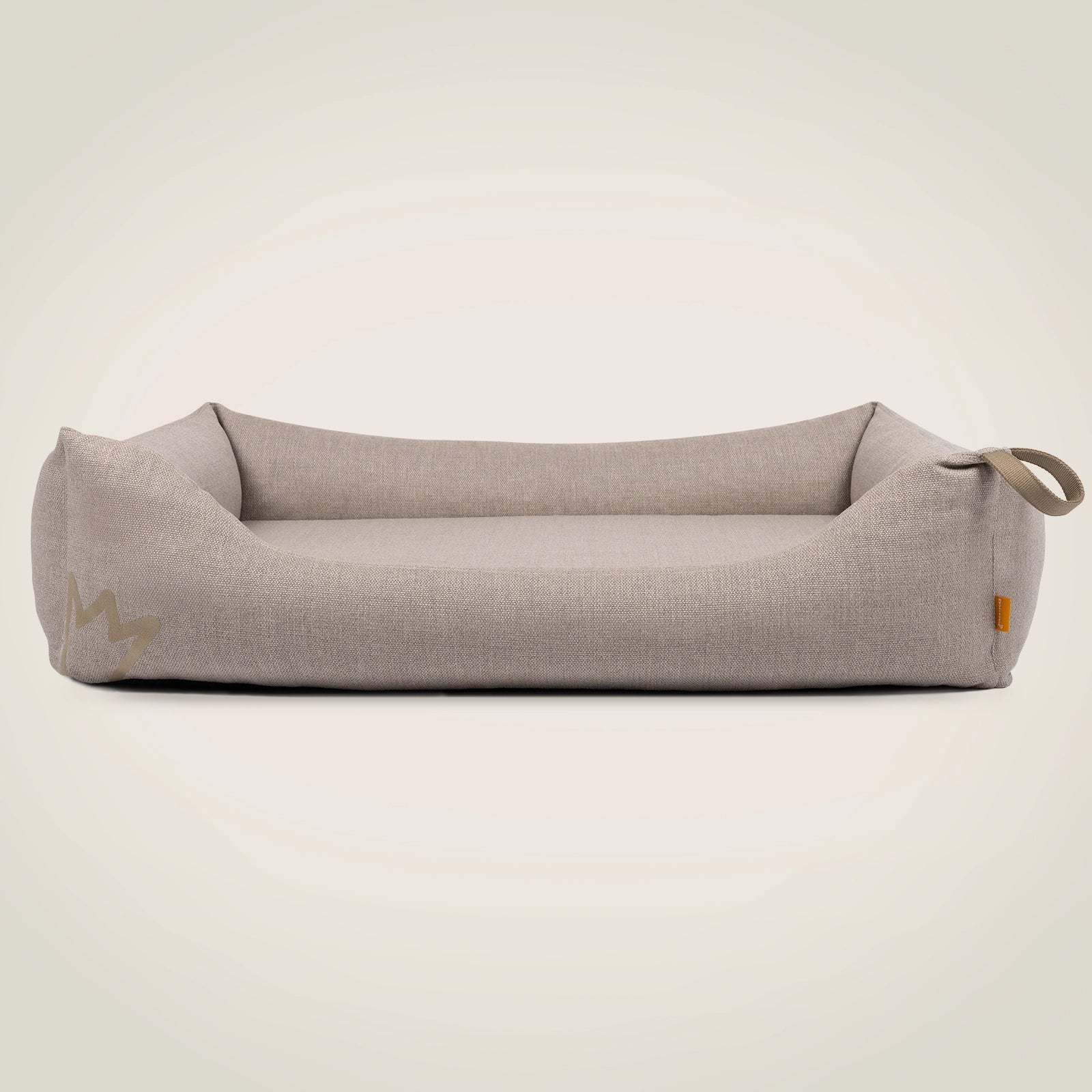 Orthopädisches Hundebett von Rudelkönig in Polsterstoff grau beige.